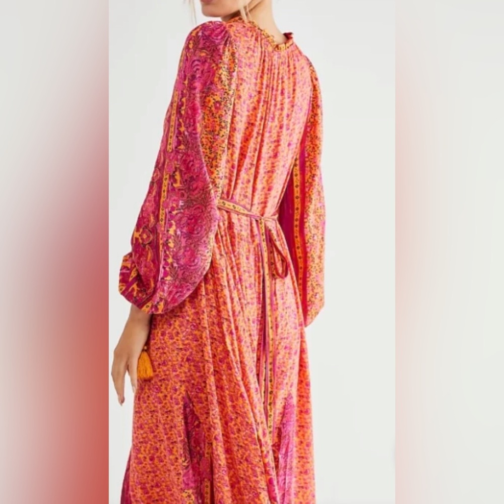 FREE PEOPLE  Happy Feeling Maxi Vibrant Pink & Orange Long Sleeve Dress Size S - Picture 5 of 16